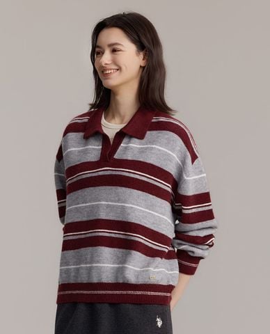  USPA - Áo sweatshirt nữ cổ bẻ tay dài kẻ sọc 