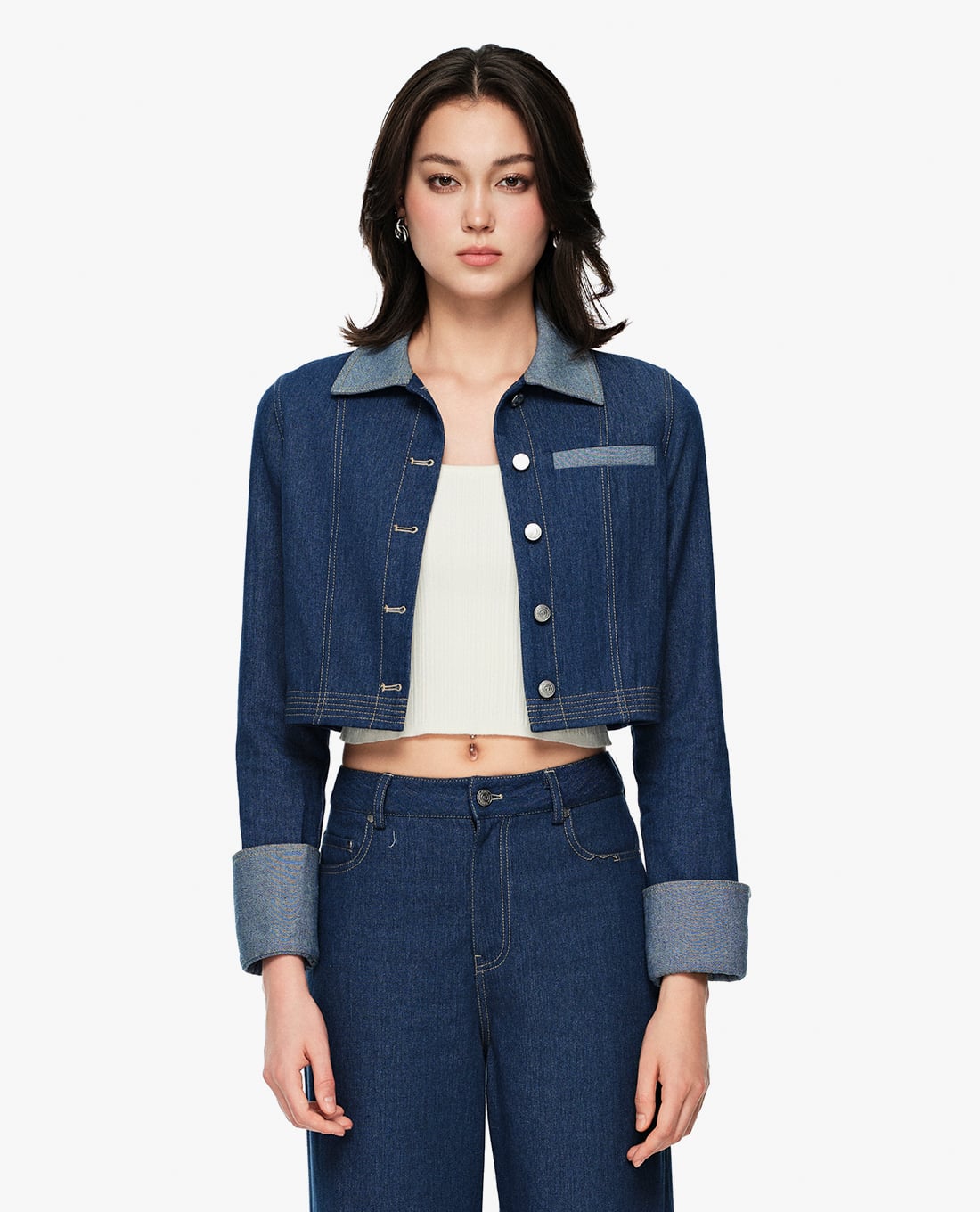 GIGI - Áo khoác denim nữ cổ bẻ tay dài phom croptop