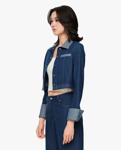  GIGI - Áo khoác denim nữ cổ bẻ tay dài phom croptop 