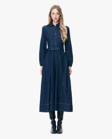  GIGI - Đầm denim midi cổ bẻ tay dài phối đai thắt 
