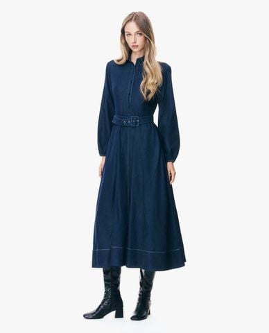  GIGI - Đầm denim midi cổ bẻ tay dài phối đai thắt 