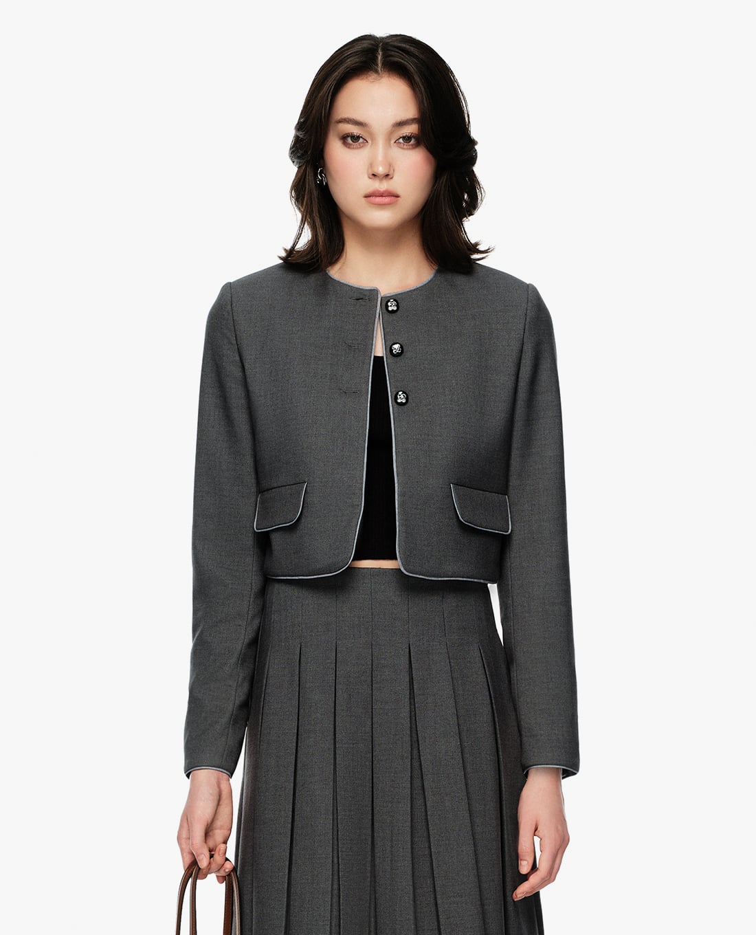 GIGI - Áo khoác croptop nữ cổ tròn tay dài