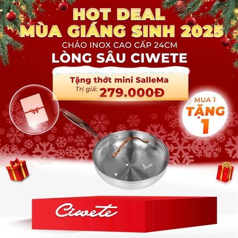  CIWETE - Chảo inox lòng sâu đáy liền có nắp 24cm 
