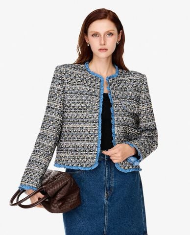  GIGI - Áo khoác tweed nữ cổ tròn tay dài phối viền 