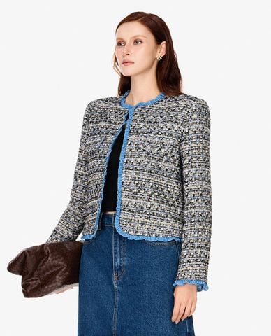  GIGI - Áo khoác tweed nữ cổ tròn tay dài phối viền 