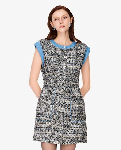  GIGI - Đầm mini cổ tròn phối viền 