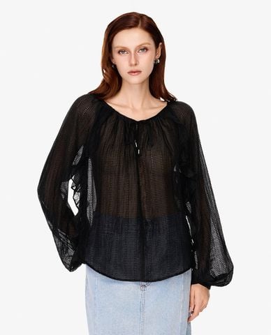  GIGI - Áo kiểu nữ cổ tròn tay phồng xuyên thấu 