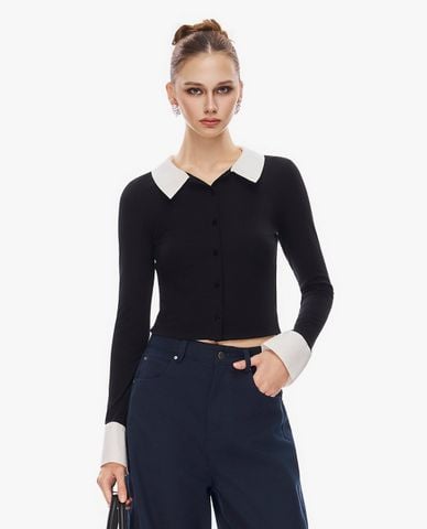  GIGI - Áo dệt kim nữ cổ bẻ tay dài phom ôm 