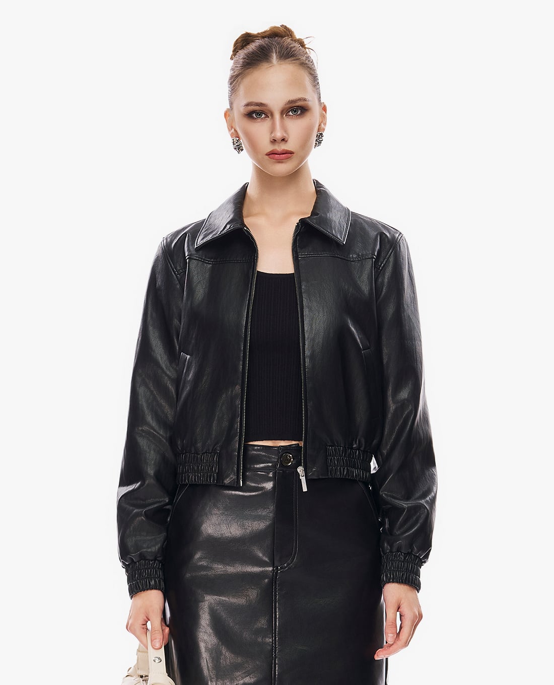 GIGI - Áo khoác da nữ cổ bẻ tay dài phối khóa zip