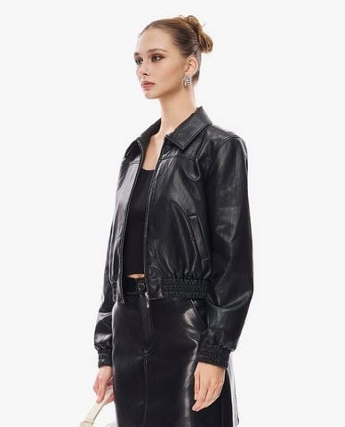  GIGI - Áo khoác da nữ cổ bẻ tay dài phối khóa zip 