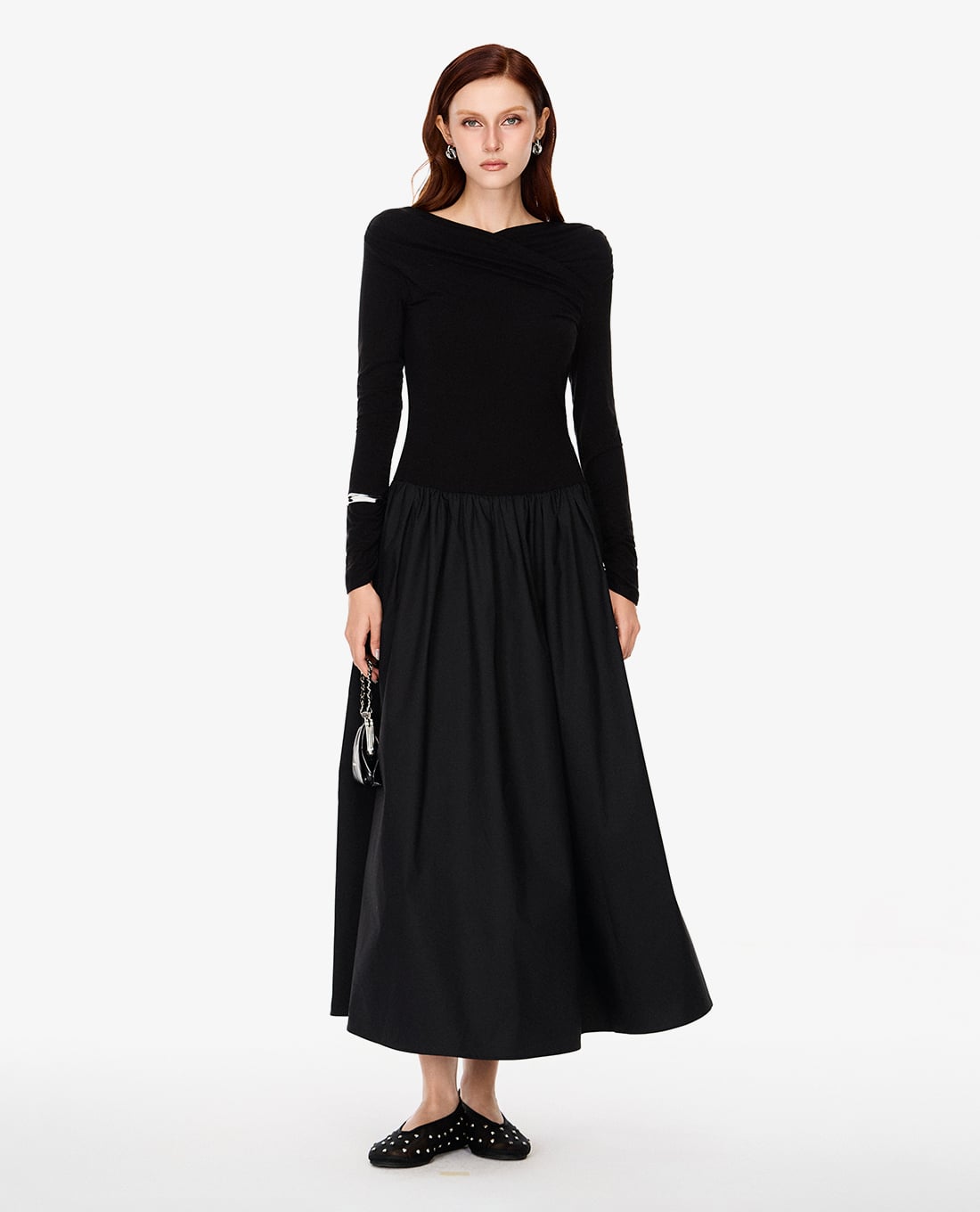 GIGI - Đầm midi cổ đắp chéo tay dài