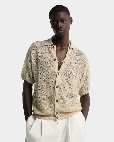  DSQUARED2 - Áo dệt kim nam cổ bẻ tay ngắn phối nút 