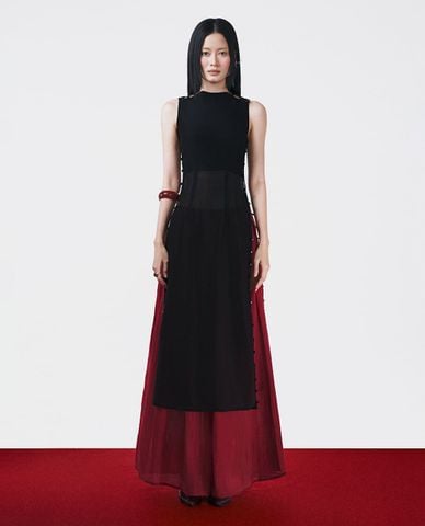  THOME - Áo dài nữ cổ tròn sát nách phối nút cài Mệt 