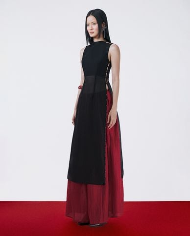  THOME - Áo dài nữ cổ tròn sát nách phối nút cài Mệt 