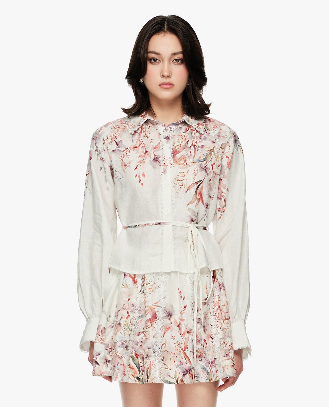 GIGI - Áo sơ mi nữ tay dài in hoa phối dây thắt eo