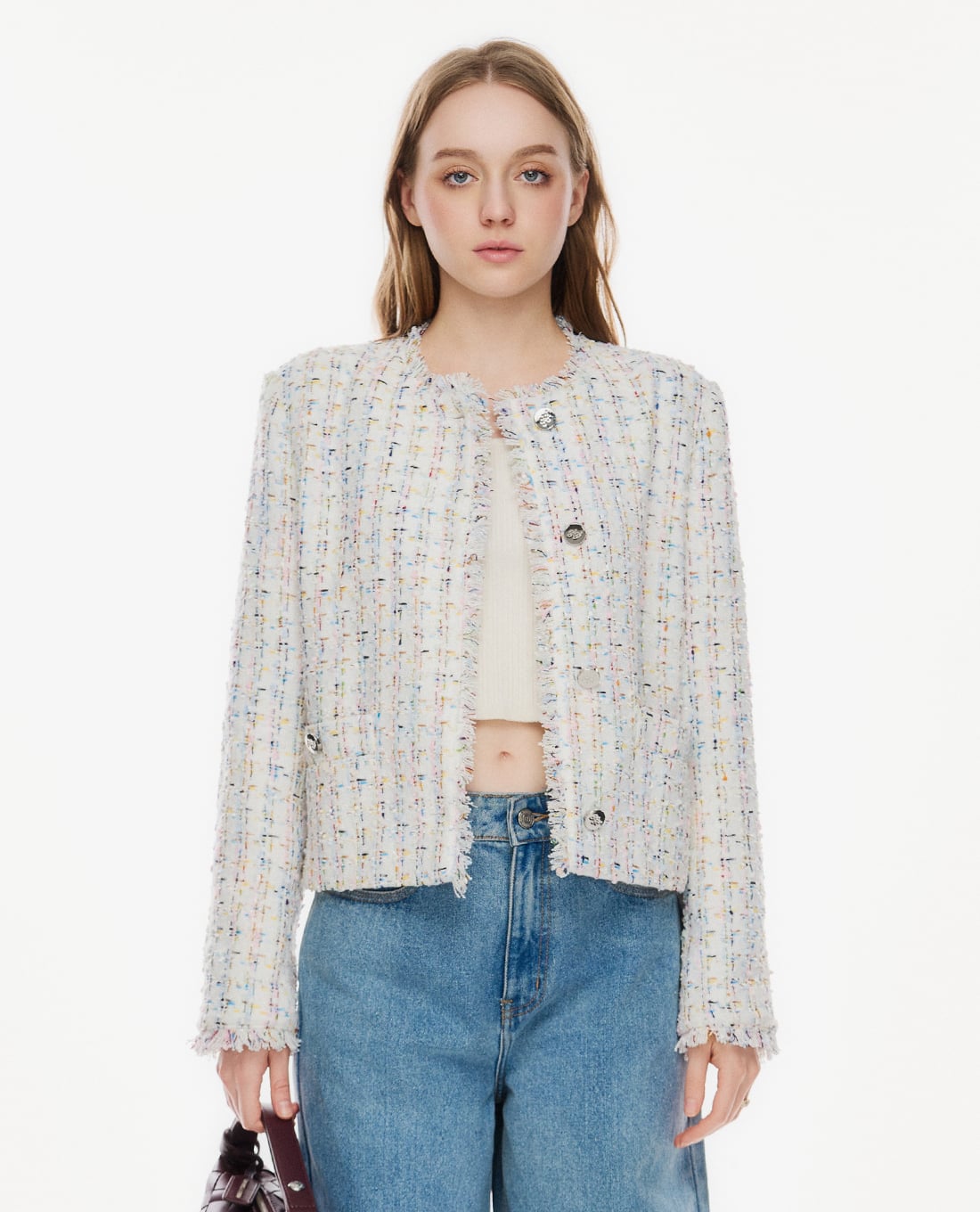 GIGI - Áo khoác tweed nữ phối nút viền tua rua