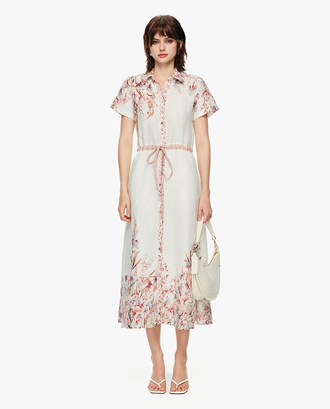 GIGI - Đầm sơ mi midi tay ngắn in hoa phối dây rút eo