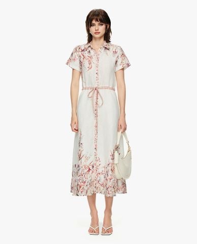  GIGI - Đầm sơ mi midi tay ngắn in hoa phối dây rút eo 