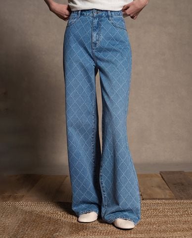  USPA - Quần jeans nữ ống rộng phối hoạ tiết sọc 