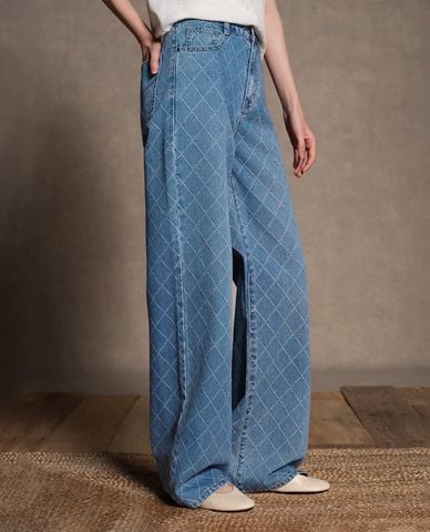  USPA - Quần jeans nữ ống rộng phối hoạ tiết sọc 