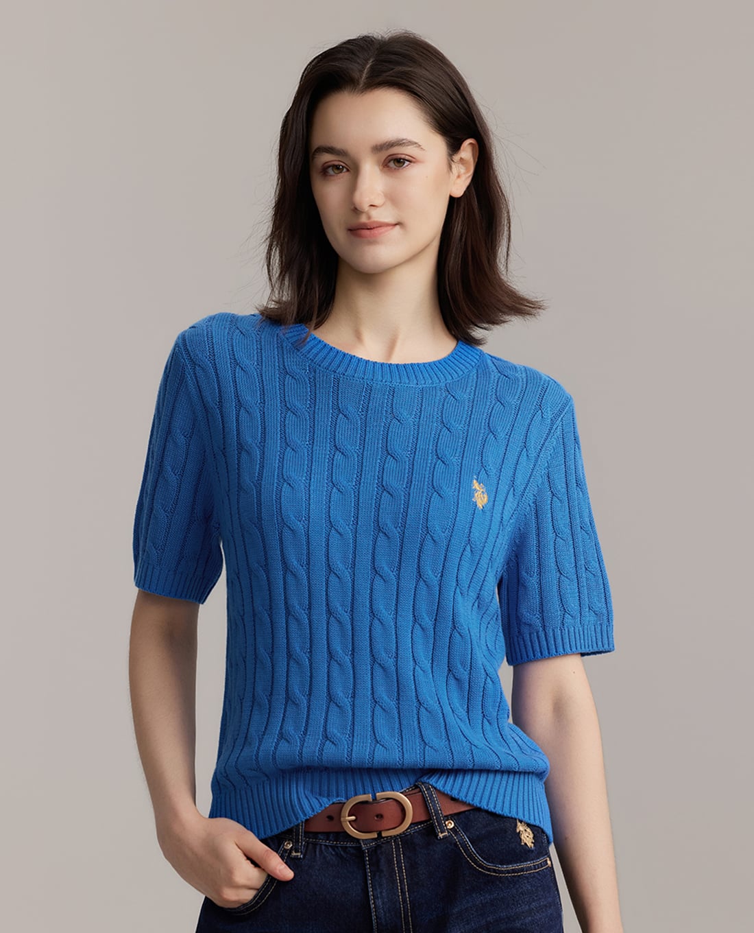 USPA - Áo dệt kim nữ cổ tròn tay ngắn thêu logo