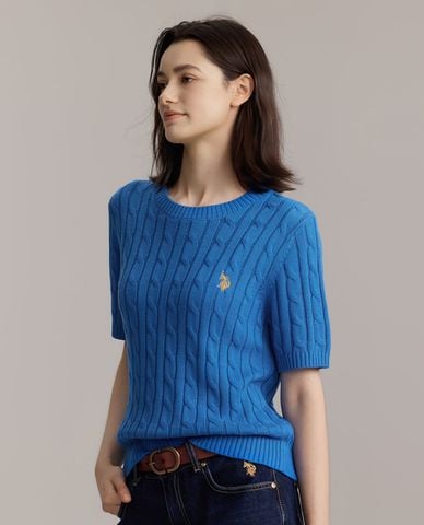  USPA - Áo dệt kim nữ cổ tròn tay ngắn thêu logo 