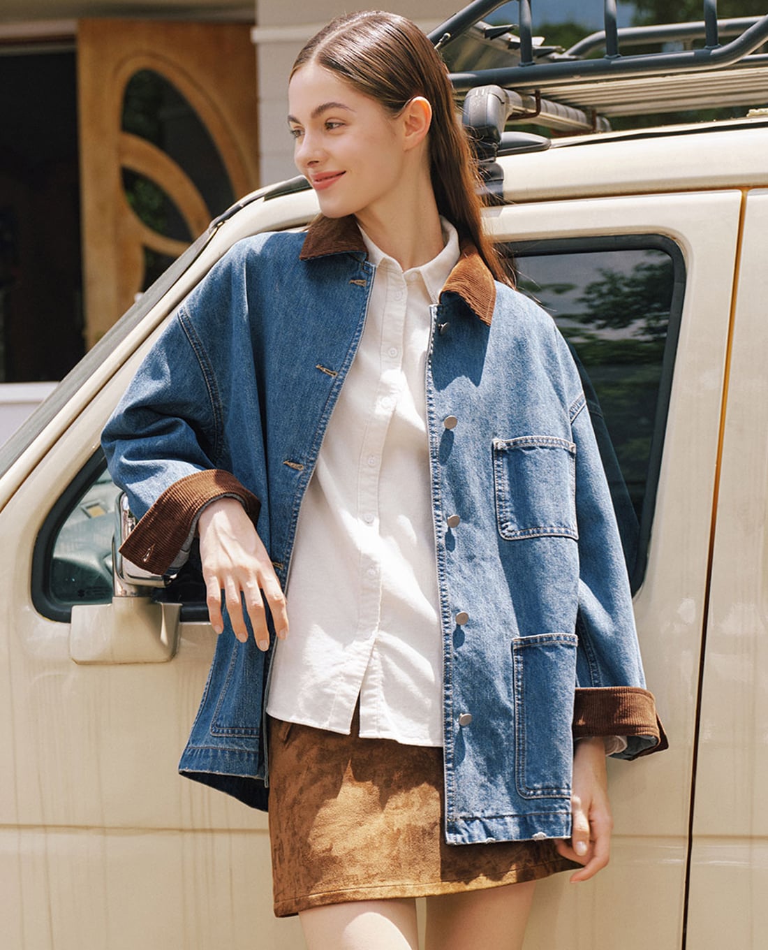USPA - Áo khoác denim nữ tay dài phối túi