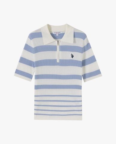  USPA - Áo dệt kim nữ cổ bẻ tay lửng kẻ sọc 