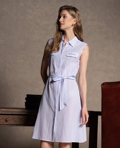  USPA -  Đầm sơ mi mini sát nách kẻ sọc thắt eo 
