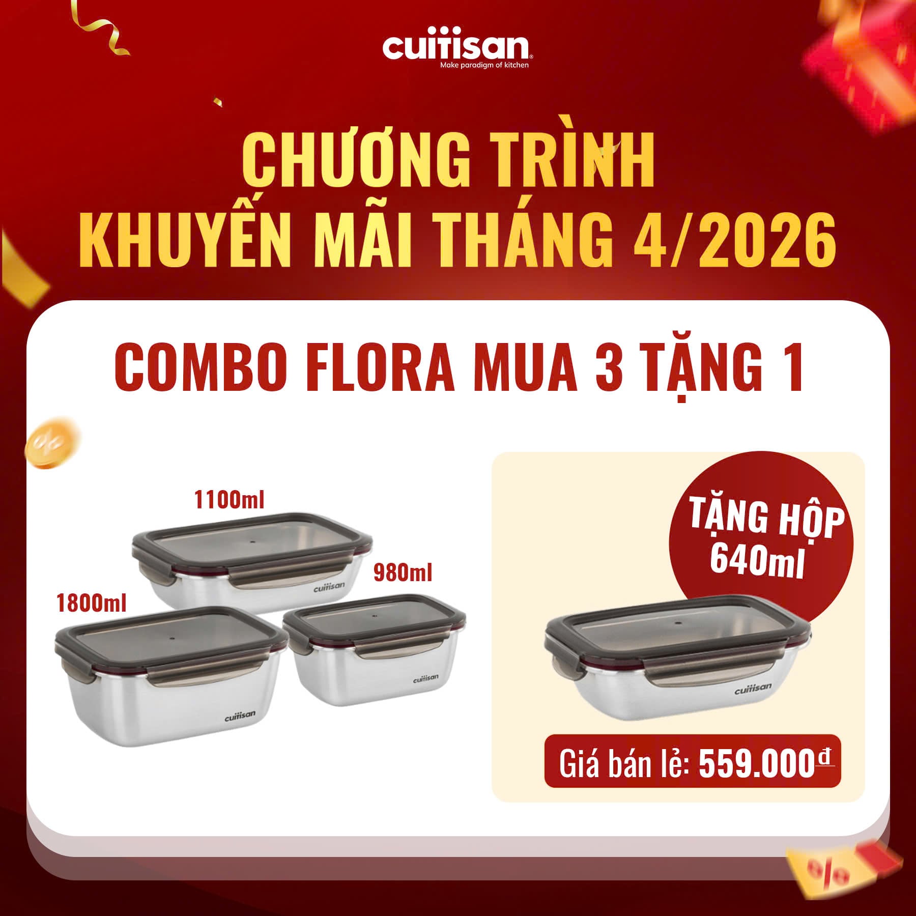 Cuitisan - hộp đựng thực phẩm inox 304 cromosteel flora 980ml - Maison Online