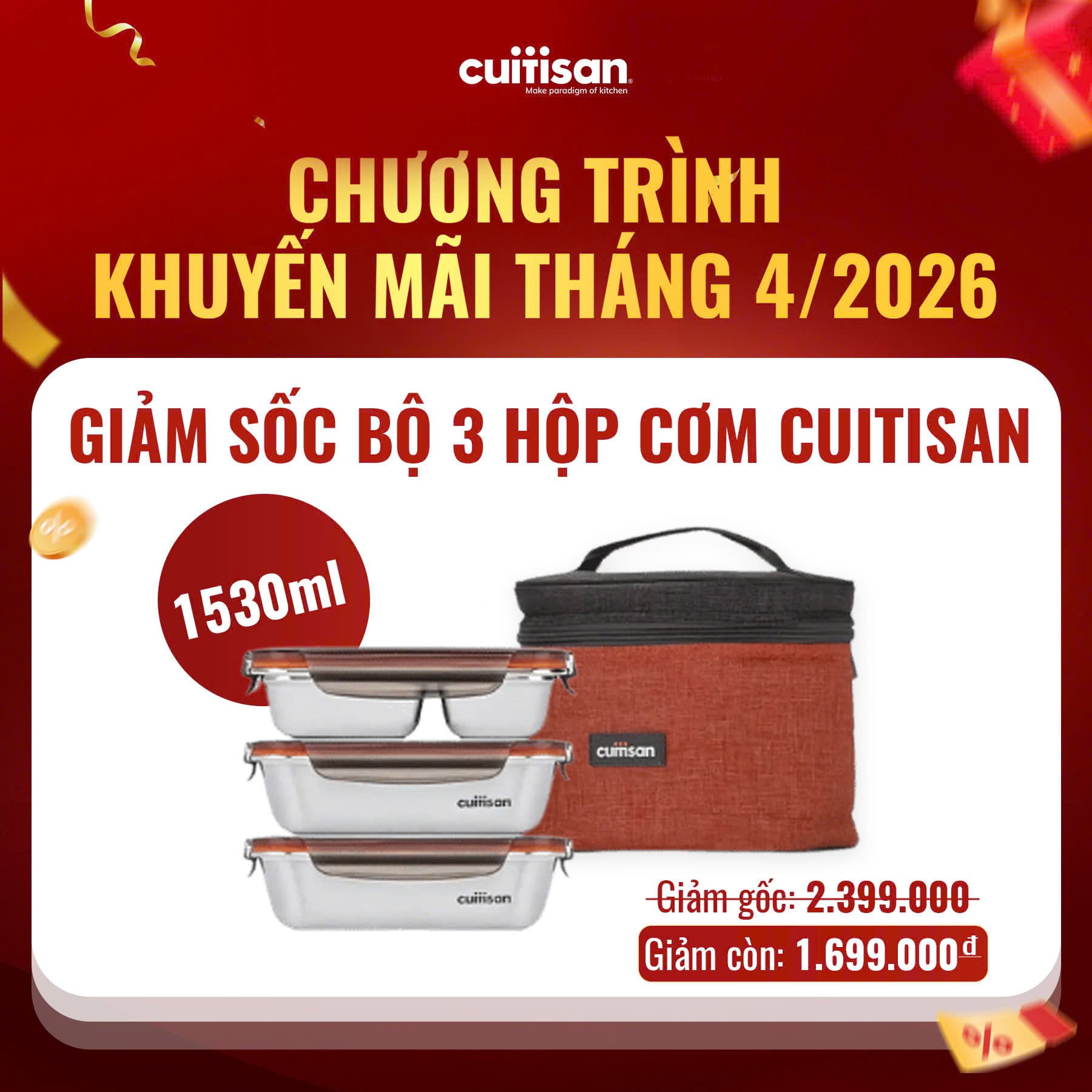 CUITISAN - Bộ hộp đựng cơm có túi cromosteel 304 Togo Flora 4 ngăn 1530ml