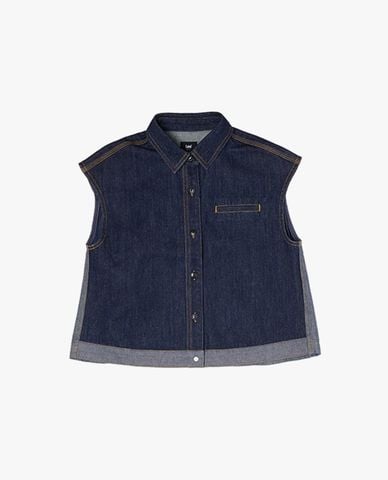  LEE - Áo sát nách denim nữ cổ bẻ xếp li 