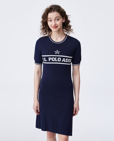  USPA - Đầm dệt kim midi cổ tròn tay ngắn dệt logo 