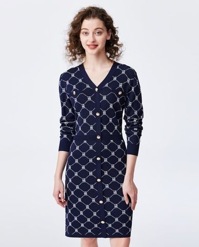  USPA - Đầm dệt kim mini tay dài họa tiết monogram 