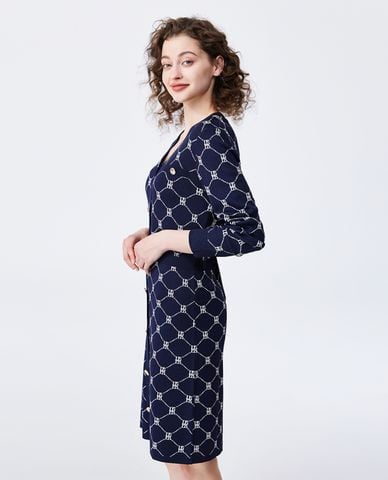  USPA - Đầm dệt kim mini tay dài họa tiết monogram 