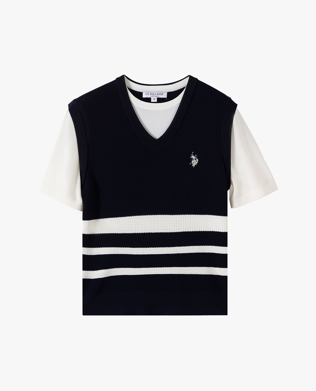 USPA - Áo dệt kim nữ cổ V tay ngắn kẻ sọc
