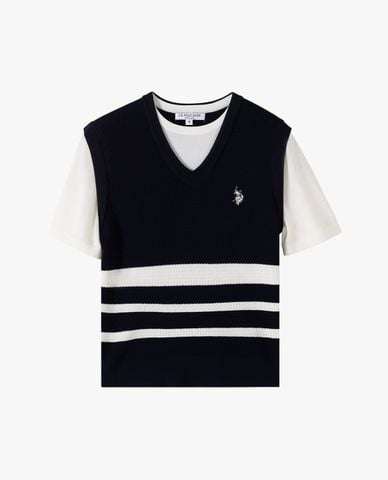  USPA - Áo dệt kim nữ cổ V tay ngắn kẻ sọc 