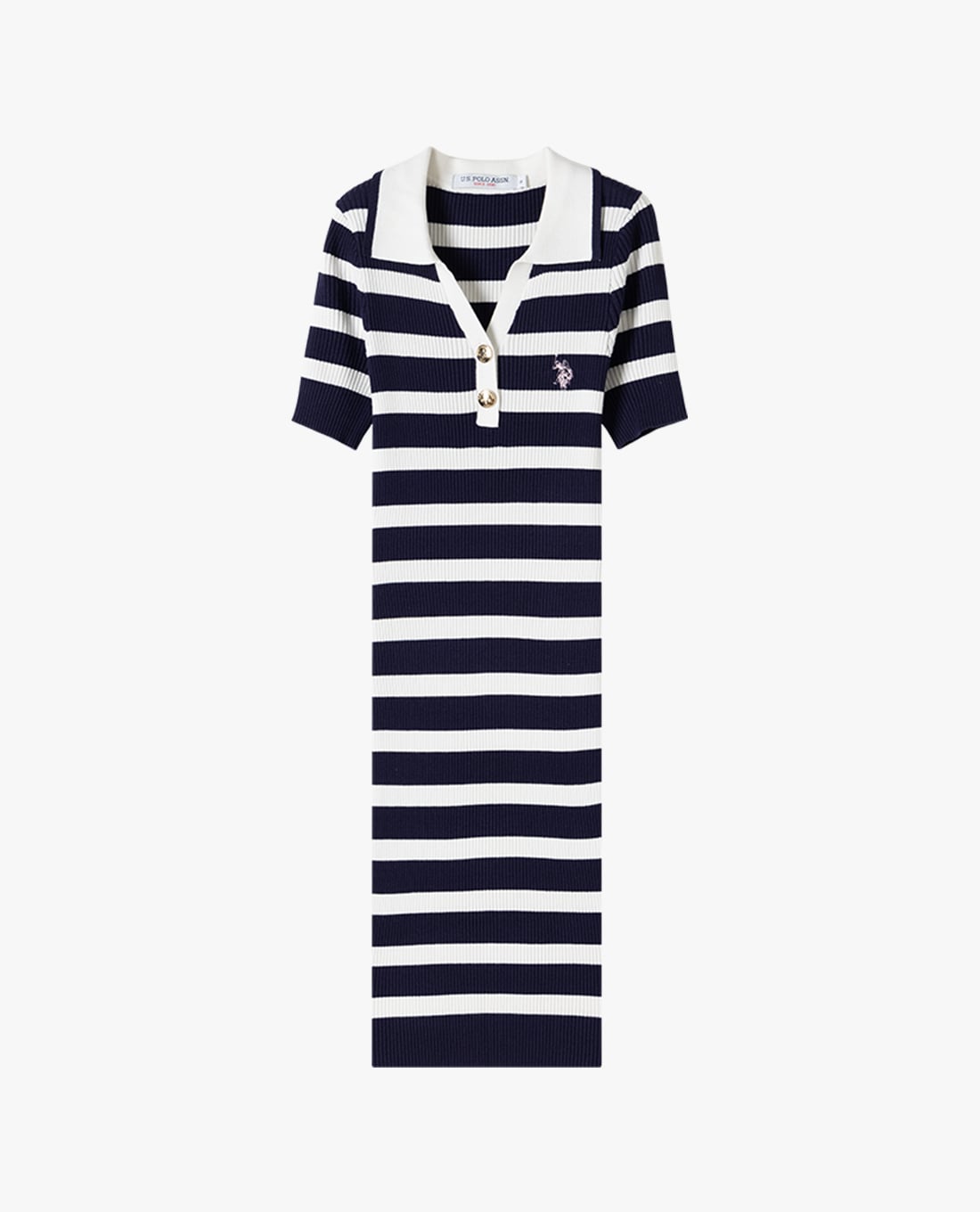 USPA - Đầm polo midi dệt kim tay ngắn kẻ sọc
