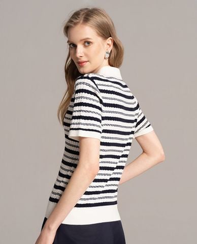  USPA - Áo dệt kim nữ cổ bẻ tay ngắn kẻ sọc 