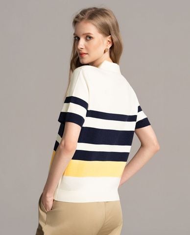  USPA - Áo dệt kim nữ cổ bẻ tay ngắn phối sọc 