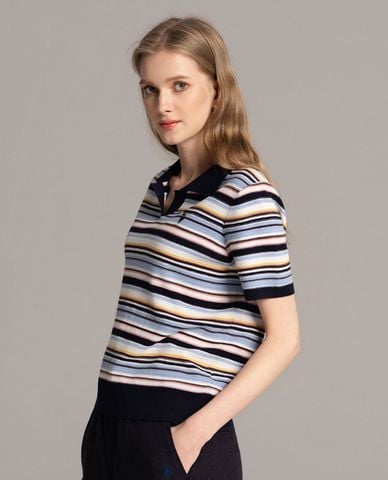  USPA - Áo dệt kim nữ cổ bẻ tay ngắn phối sọc 