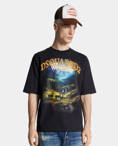  DSQUARED2 - Áo thun nam cổ tròn tay ngắn in họa tiết 