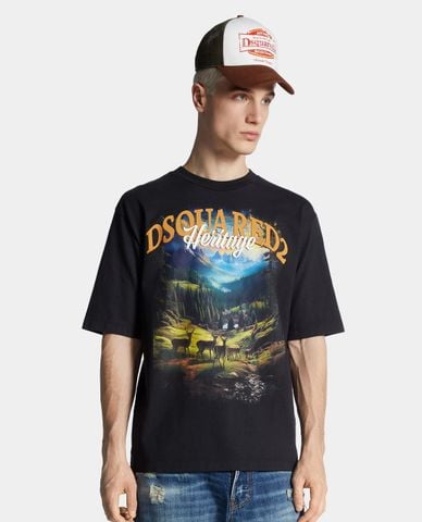  DSQUARED2 - Áo thun nam cổ tròn tay ngắn in họa tiết 