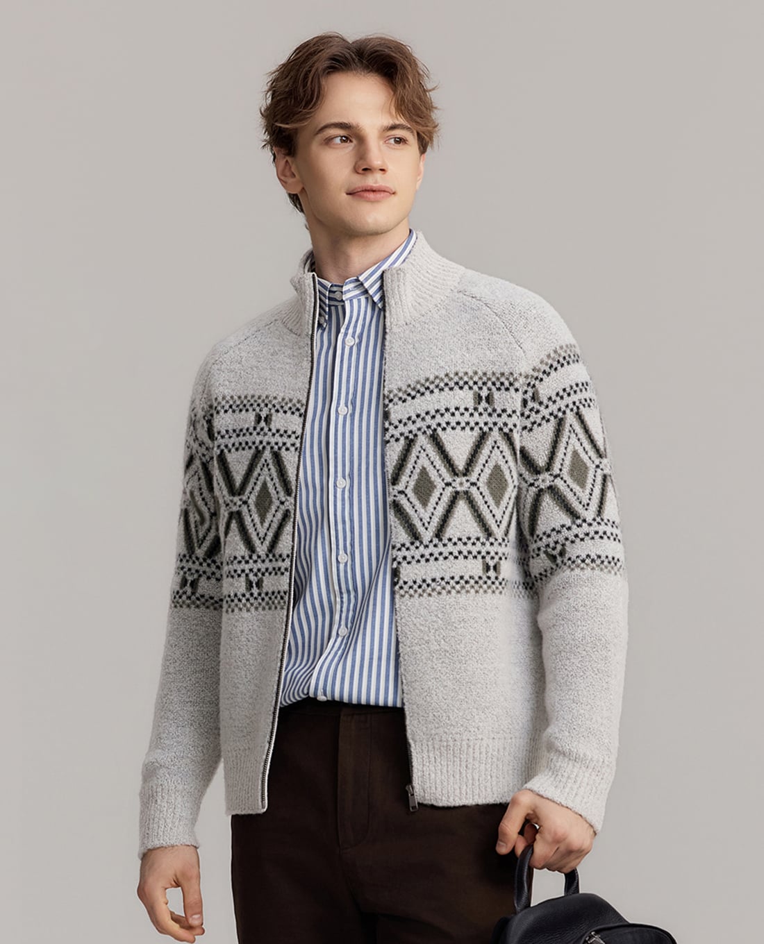 USPA - Áo khoác cardigan nam cổ trụ họa tiết hình học