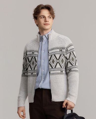  USPA - Áo khoác cardigan nam cổ trụ họa tiết hình học 