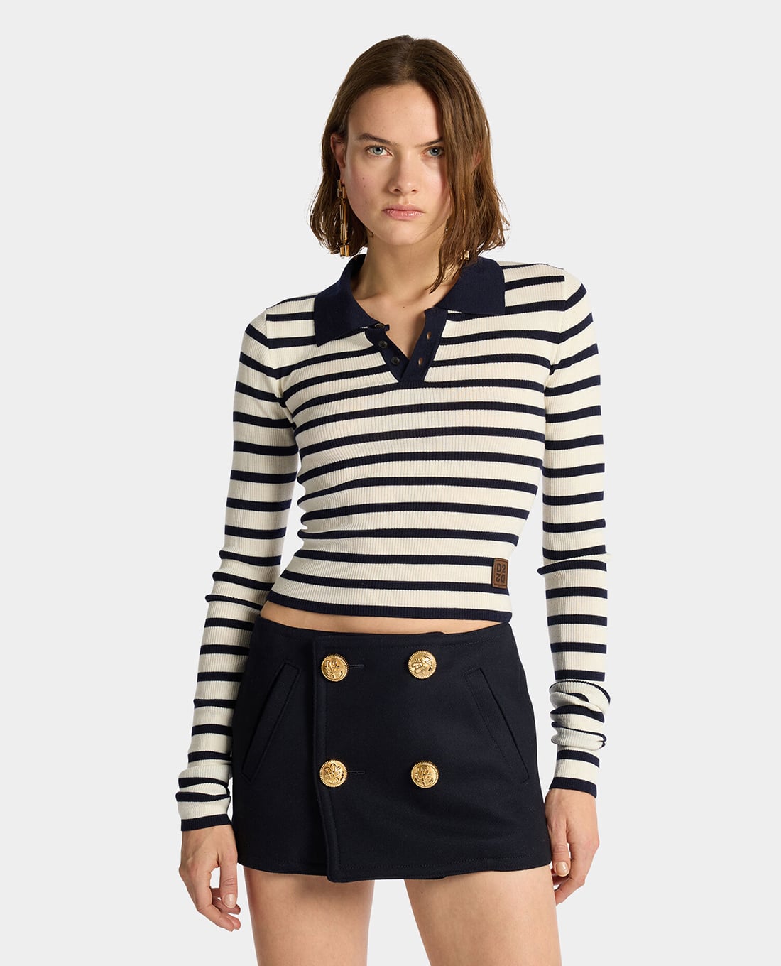 DSQUARED2 - Áo polo nữ dệt kim cổ bẻ tay dài kẻ sọc