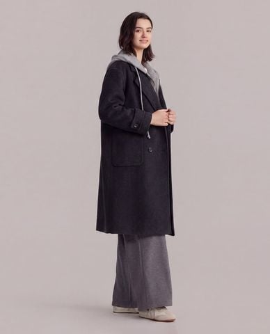  USPA - Áo khoác dạ lông cừu nữ dáng dài phối mũ 