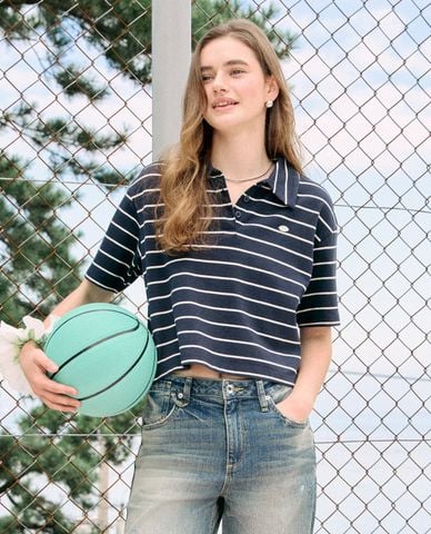  LEE - Áo polo nữ tay ngắn kẻ sọc phom croptop 