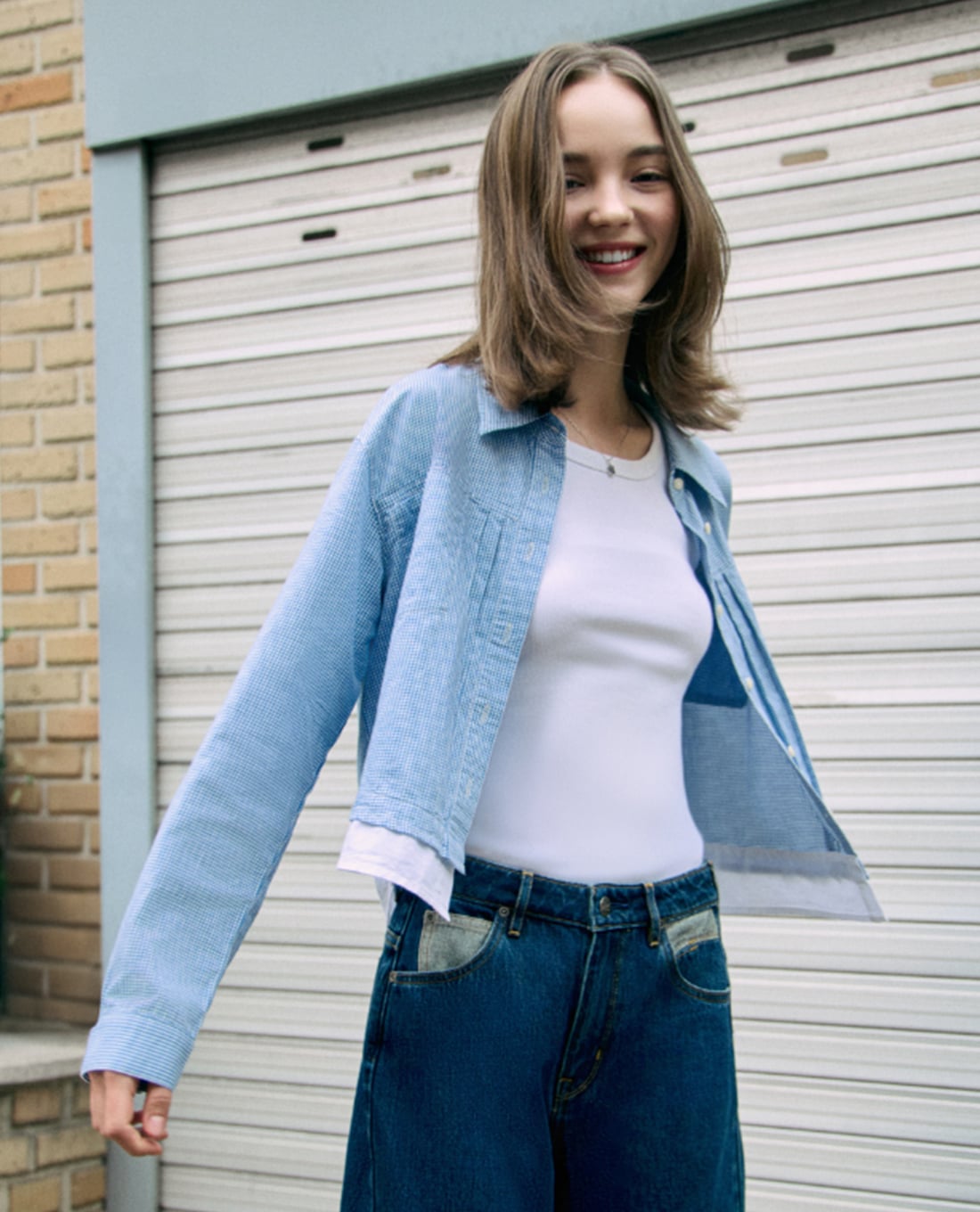 LEE - Áo sơ mi nữ tay dài phối lai phom croptop