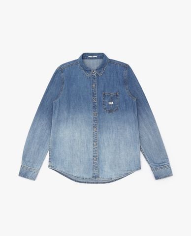  LEE - Áo sơ mi denim nữ cổ bẻ tay dài wash loang 